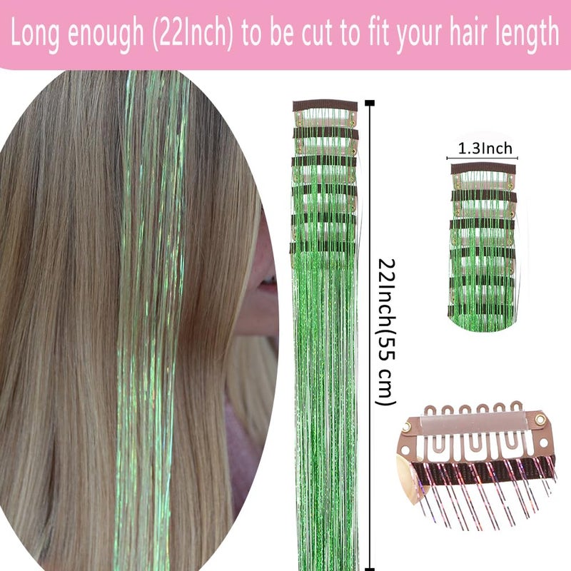 EROADE Hair Tinsel Clip in 12 Pcs Green Hair Tinsel Kit for Girls 22 Inch Glitter Fairy Tinsel Hair Extensions Colorful Heat Resistant Party Festival Accessories for Women Kids (green) - Image 3